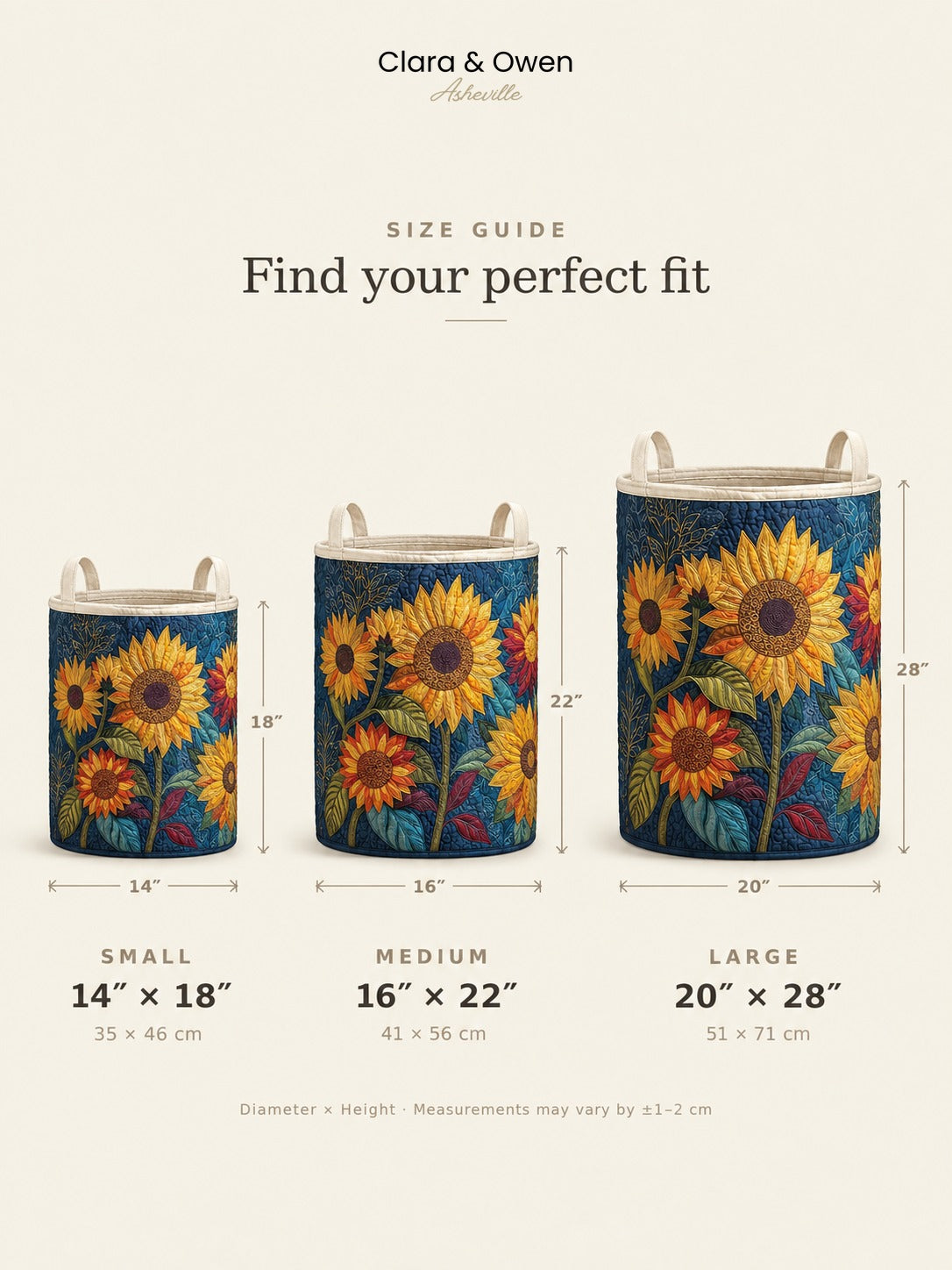 Size guide graphic showing the sunflower basket in small, medium and large versions side by side with their dimensions. 5