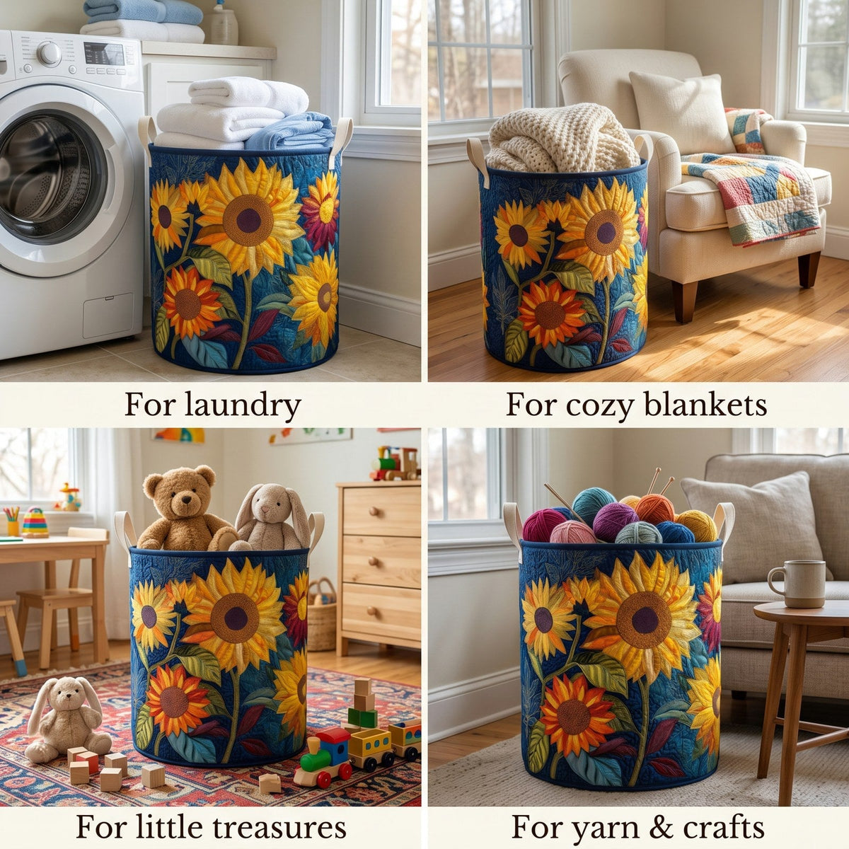 Four-panel collage showing the sunflower basket in use for laundry, cosy blankets, children's toys and balls of yarn. 2
