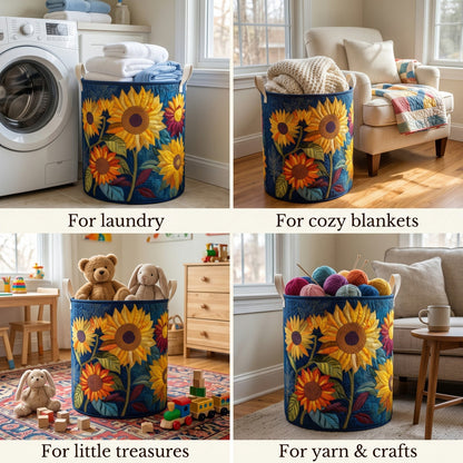Four-panel collage showing the sunflower basket in use for laundry, cosy blankets, children's toys and balls of yarn. 2