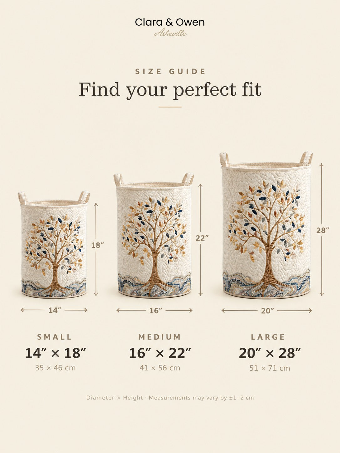 Size guide showing three basket sizes side by side, small, medium and large, with dimensions marked 5
