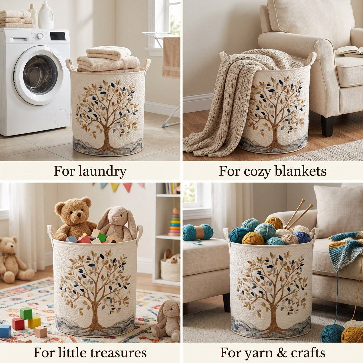Four-panel collage showing the basket holding towels, a blanket, soft toys and balls of yarn 2