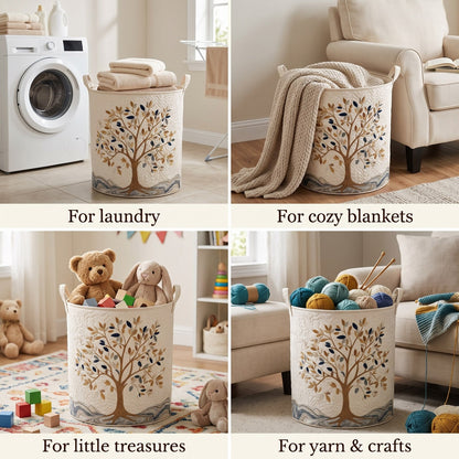 Four-panel collage showing the basket holding towels, a blanket, soft toys and balls of yarn 2