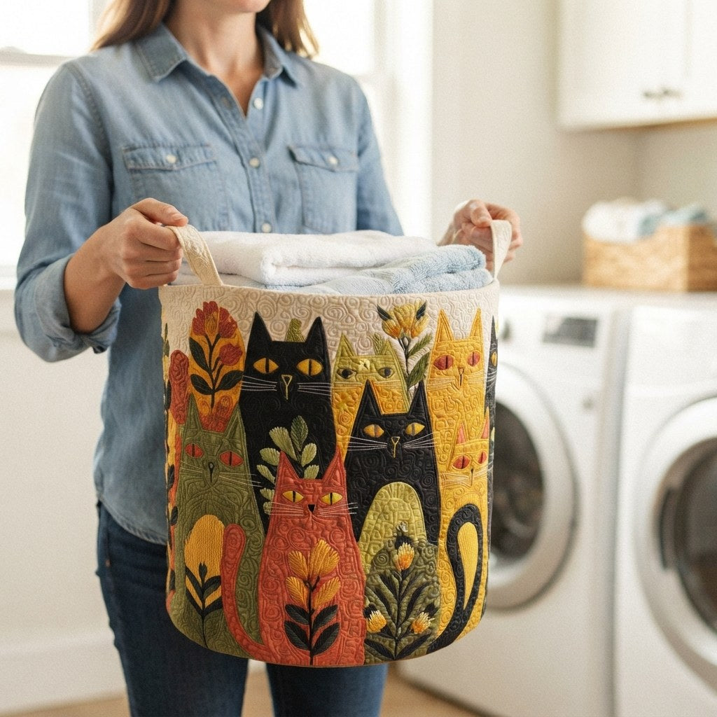 Woman in a denim shirt carrying the cat-patterned basket by its handles, filled with folded towels, in a laundry room. 3