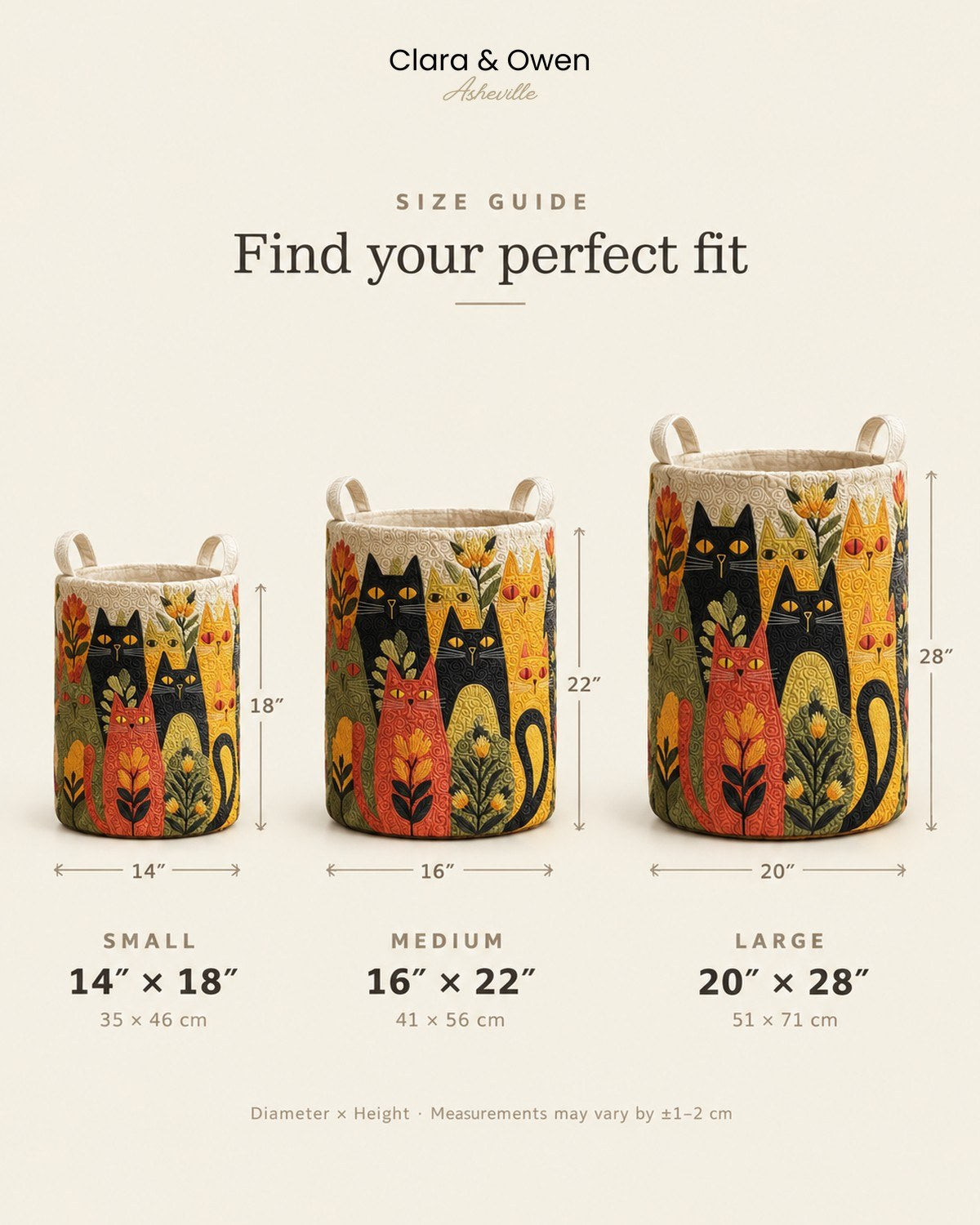 Size guide showing the cat-patterned basket in small, medium and large versions side by side, with height and diameter marked. 5
