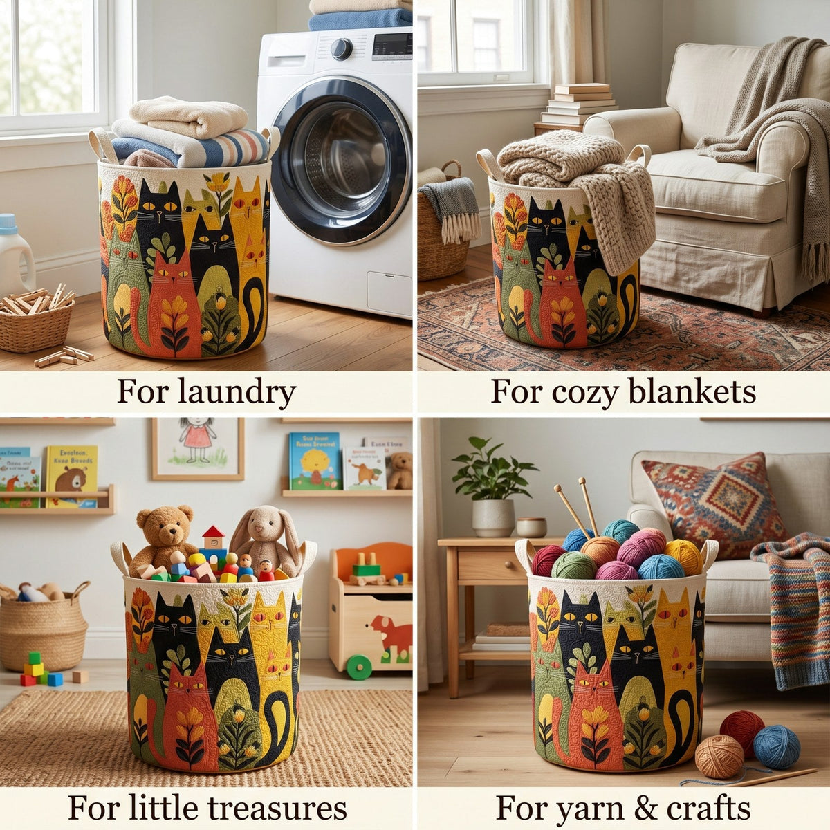 Four-panel collage showing the cat-patterned basket holding laundry, blankets, toys and balls of yarn in different rooms. 2
