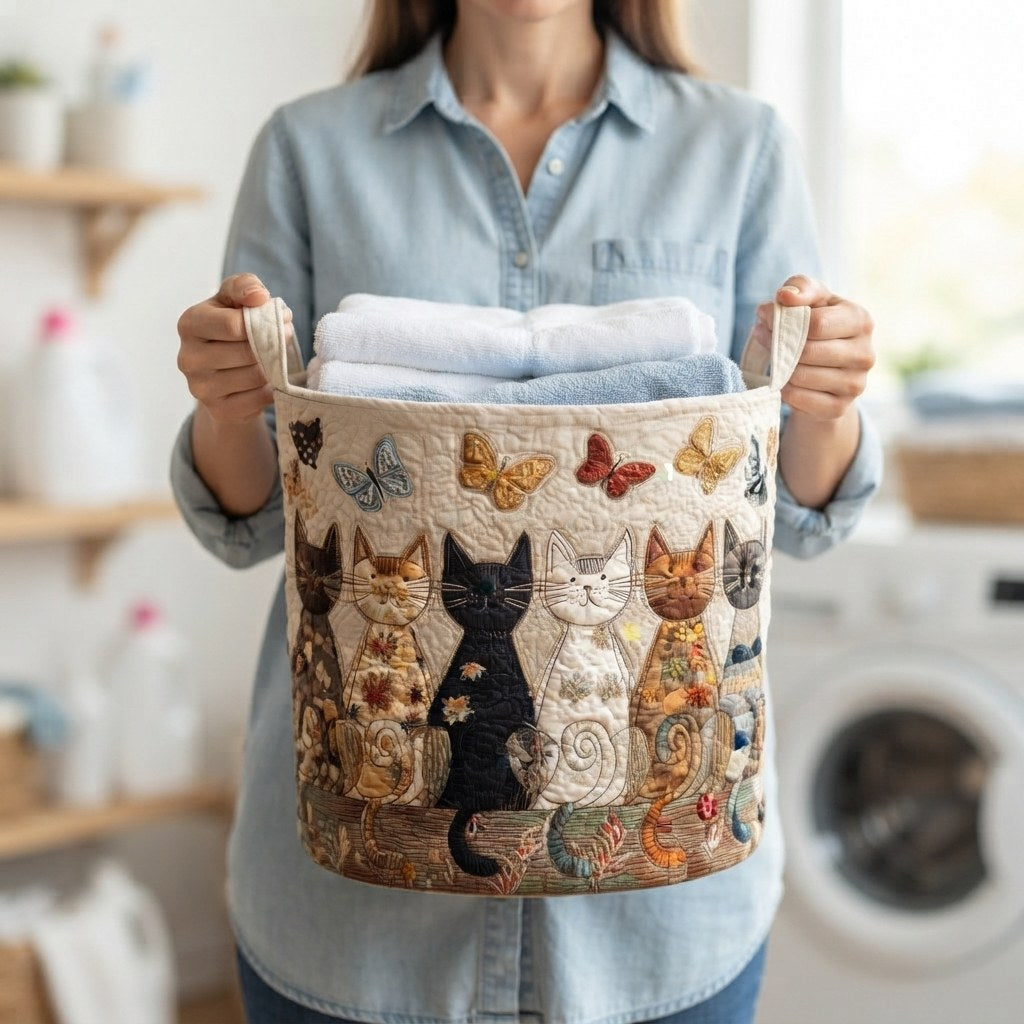 Woman in a denim shirt carries the cat-patterned basket by its handles, filled with folded white and blue towels. 3