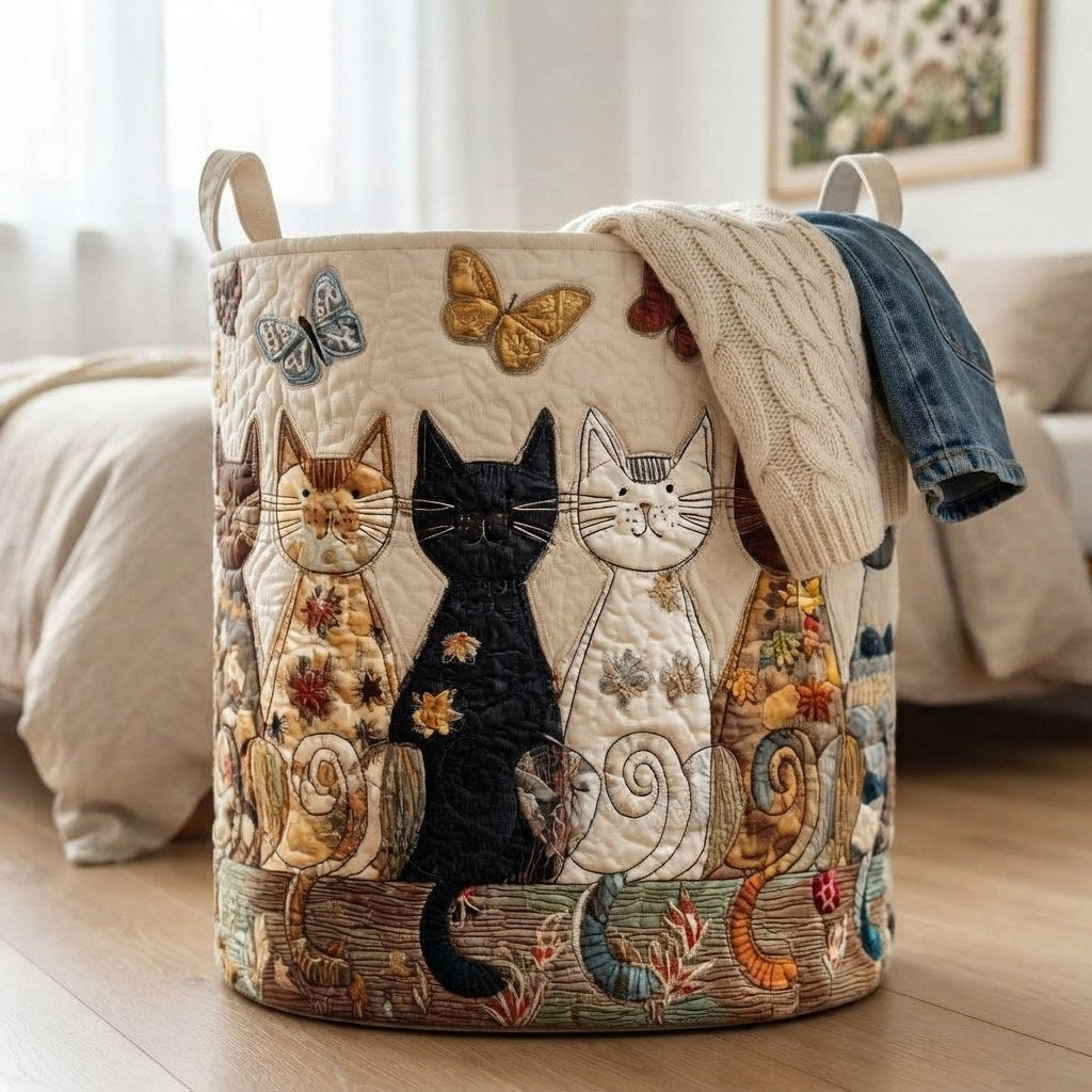 Cat-patterned quilted basket standing on a wooden floor beside a bed, with a cream knit jumper and denim jacket draped over the rim. 4