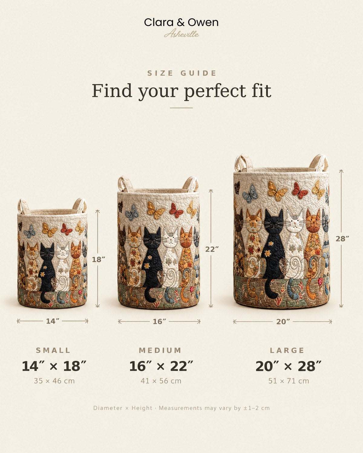 Size guide showing three versions of the cat basket, small, medium and large, with diameter and height measurements beneath each. 5