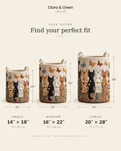 Size guide showing three versions of the cat basket, small, medium and large, with diameter and height measurements beneath each. 5