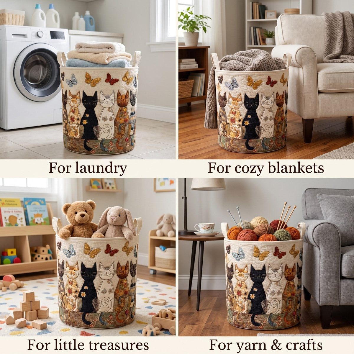 Four-panel collage showing the cat basket holding laundry, a knitted blanket, soft toys and balls of yarn in different rooms. 2