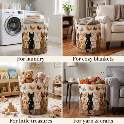 Four-panel collage showing the cat basket holding laundry, a knitted blanket, soft toys and balls of yarn in different rooms. 2