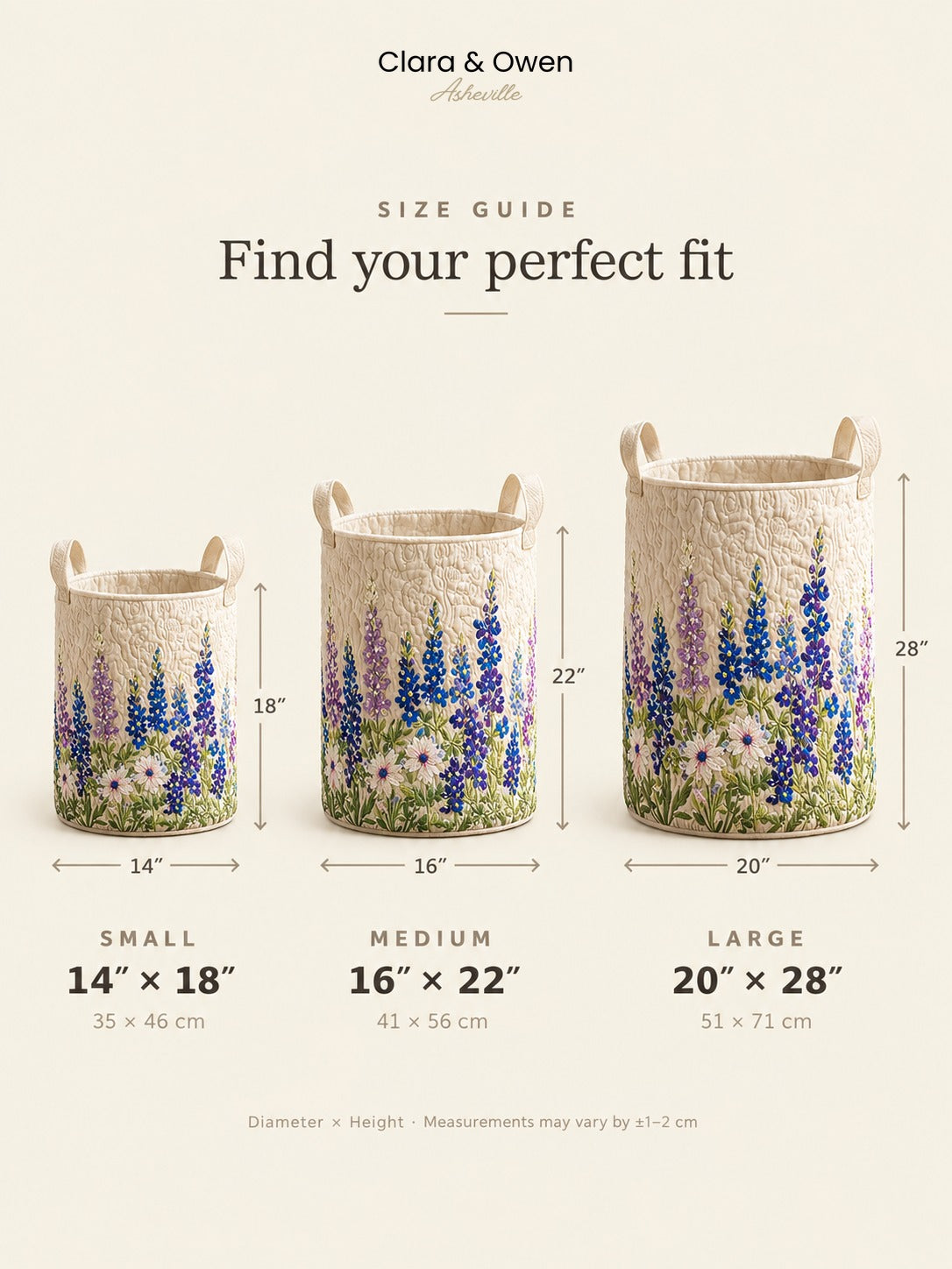 Size guide graphic showing the small, medium and large baskets side by side with their diameters and heights in inches and centimetres. 6