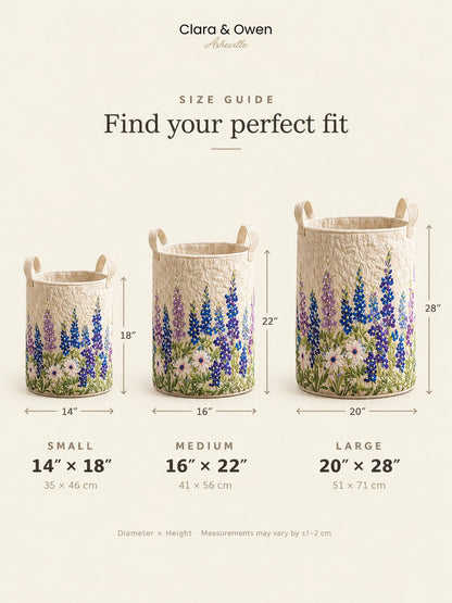 Size guide graphic showing the small, medium and large baskets side by side with their diameters and heights in inches and centimetres. 6