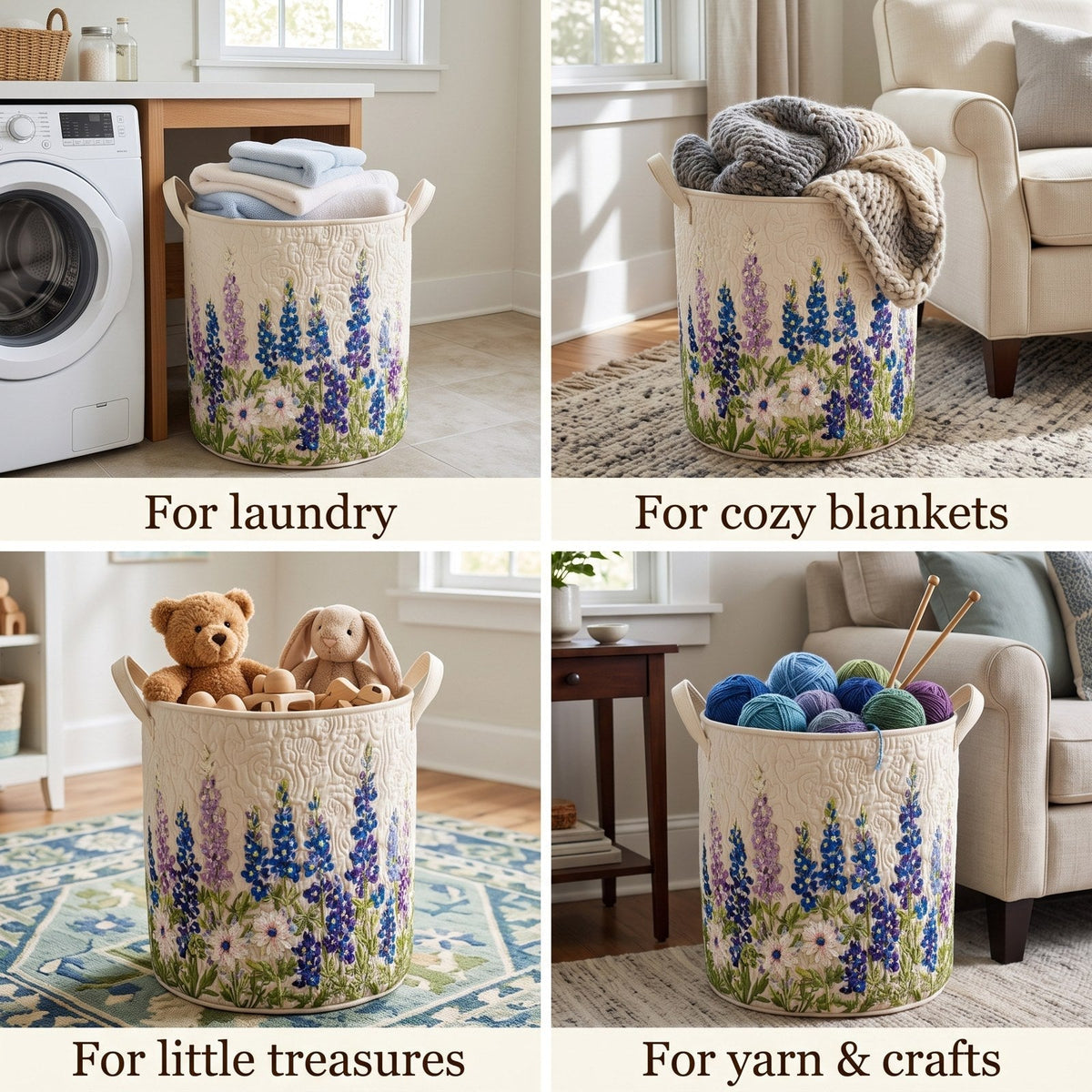 Four-panel collage showing the basket holding laundry, a chunky blanket, toys and balls of yarn in different rooms. 2