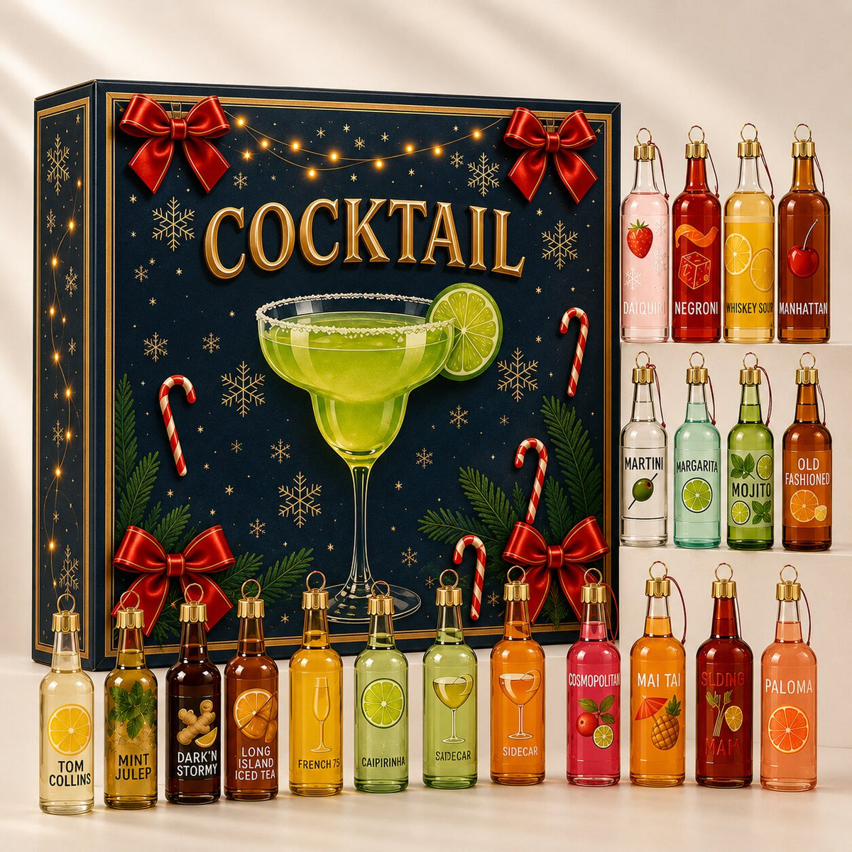 Navy gift box with festive bows beside rows of colourful miniature bottle ornaments on a plain cream background 1