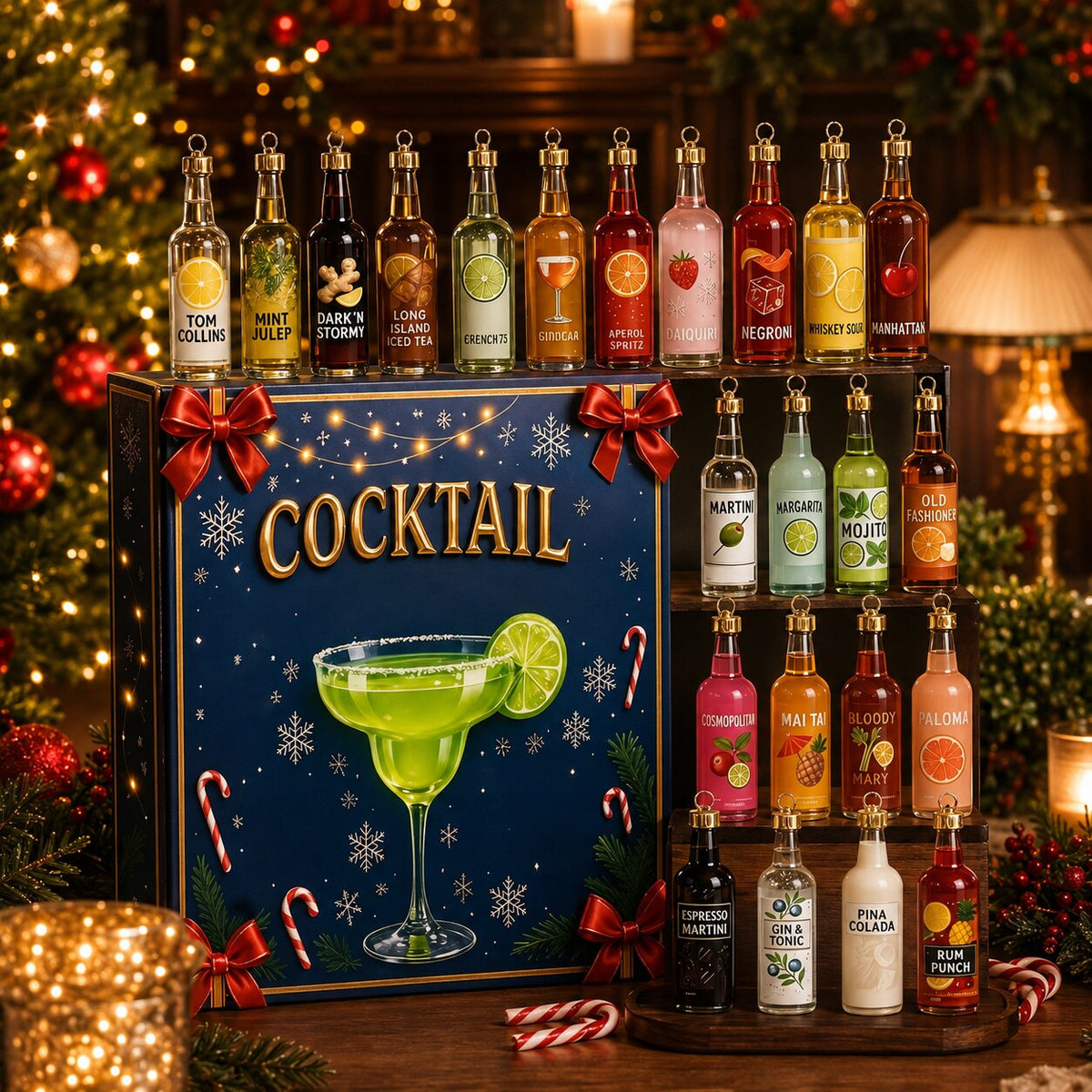 Navy box beside tiered shelves displaying all the miniature bottle ornaments, surrounded by Christmas decorations and lights 8