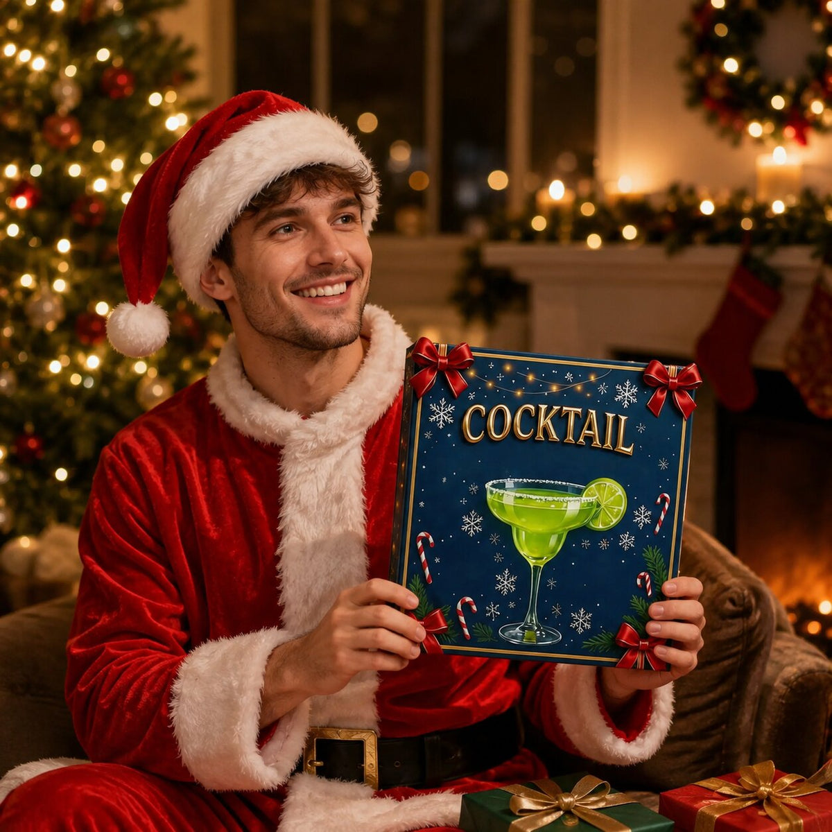 Smiling man in a Santa outfit holds the navy box up beside a lit Christmas tree 3