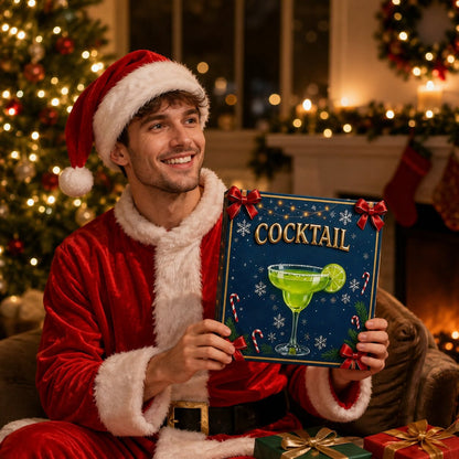 Smiling man in a Santa outfit holds the navy box up beside a lit Christmas tree 3