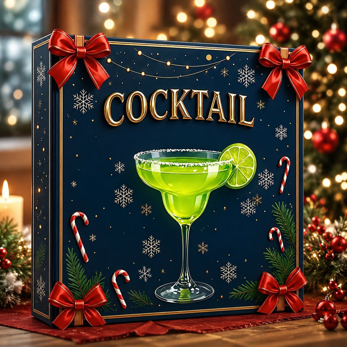 Front of the navy box with red bows, candy canes and a lime-rimmed green cocktail illustration 5