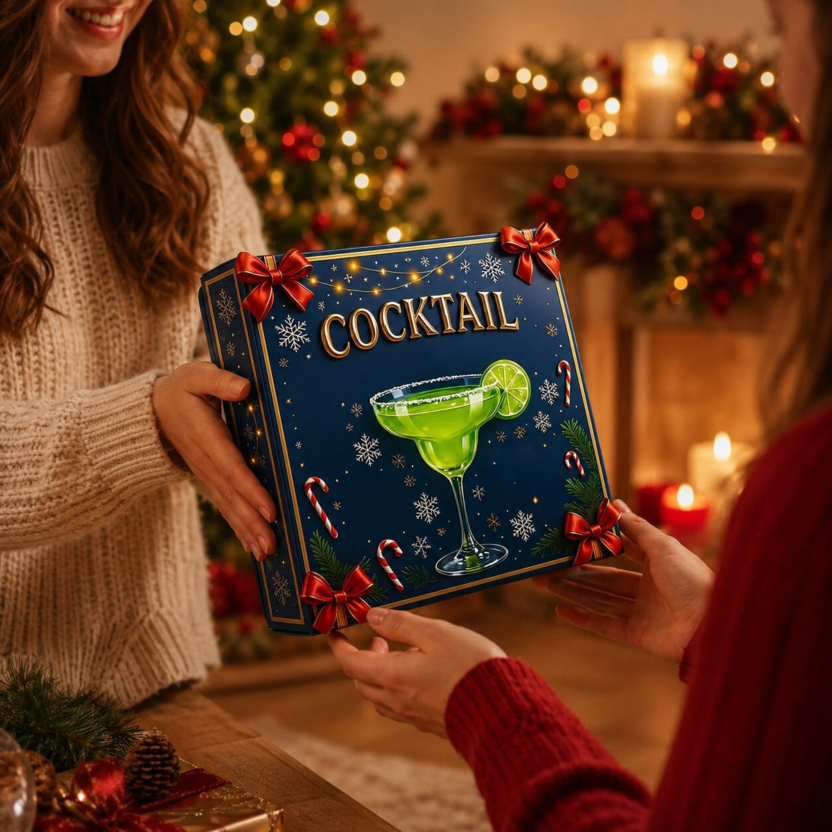 Two people in a cosy Christmas room pass the navy gift box, decorated with red bows, between them 2