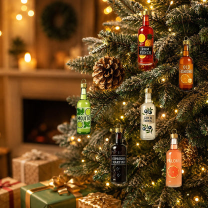 Six miniature bottle ornaments hang from the branches of a frosted, lit Christmas tree with presents below 6