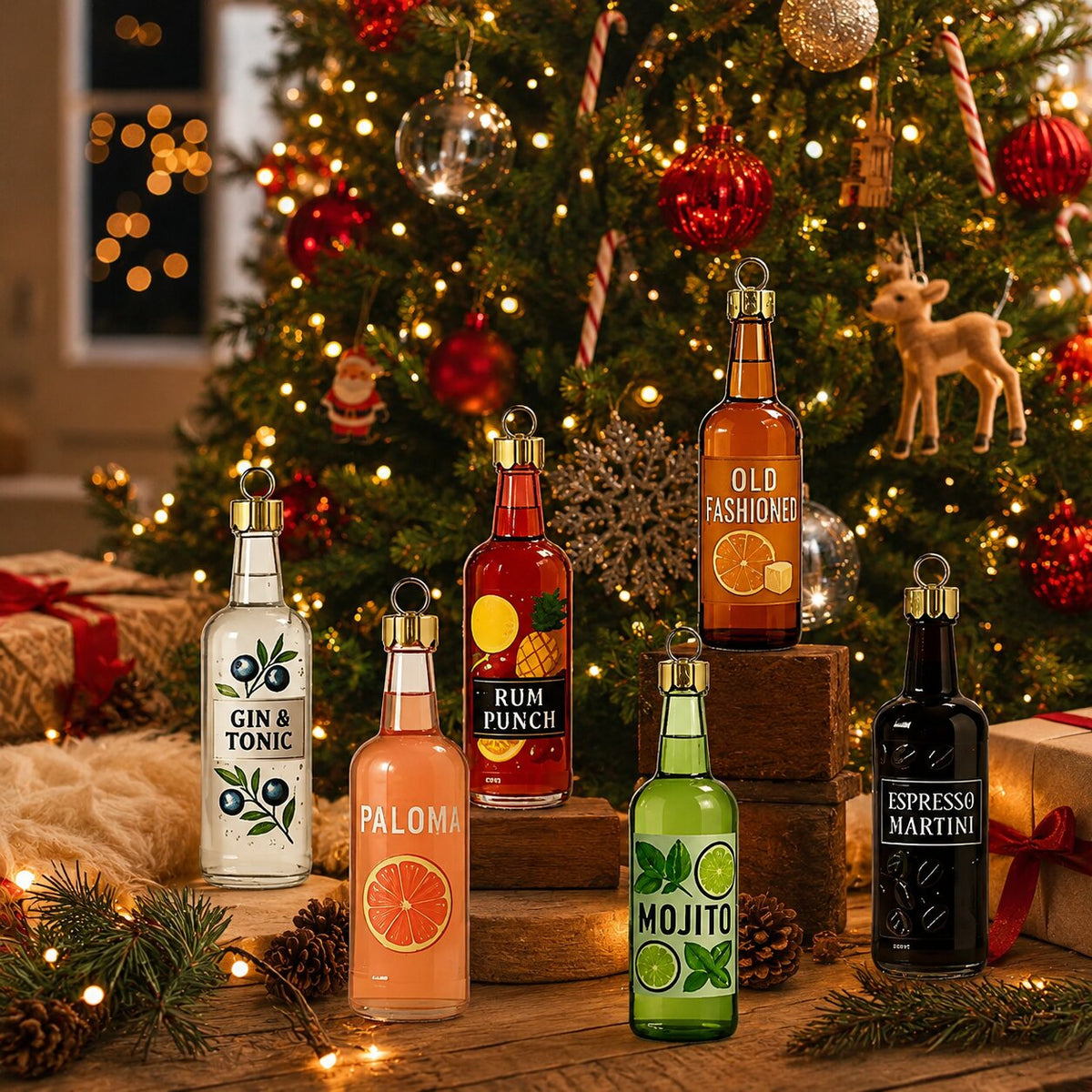 Six miniature glass bottle ornaments with gold caps stand on wooden blocks in front of a decorated tree 4