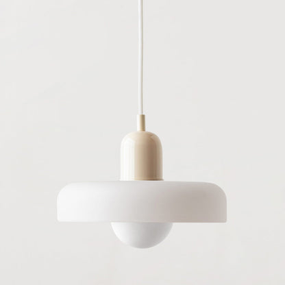 White shade with cream cap and white cord, front view with round opal bulb below 46