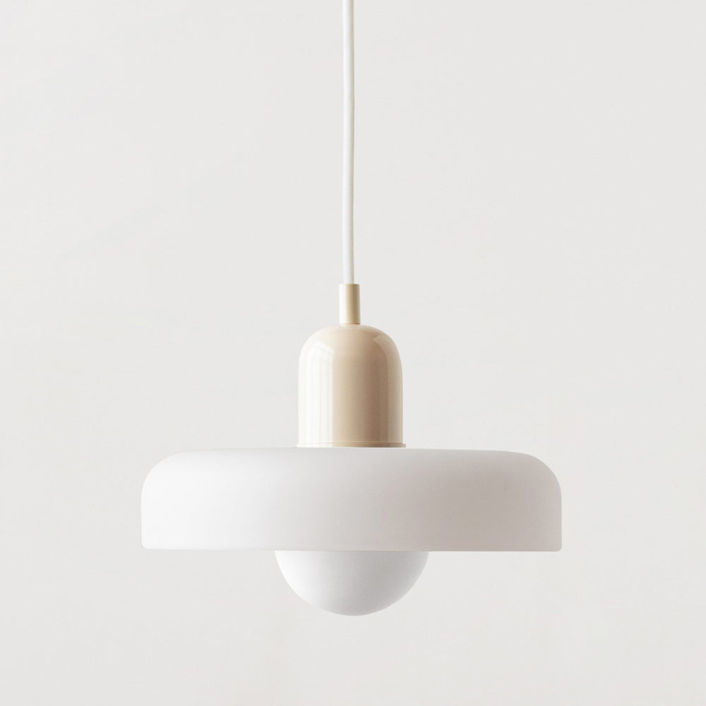 White glass disc pendant with cream dome cap and white cord, with globe bulb beneath 45