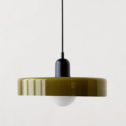 Larger olive glass pendant with matt black cap, wide shade and frosted bulb underneath 10