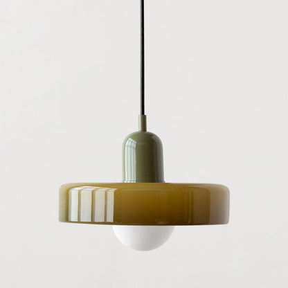 Olive glass pendant with a sage green cap and white globe bulb 11