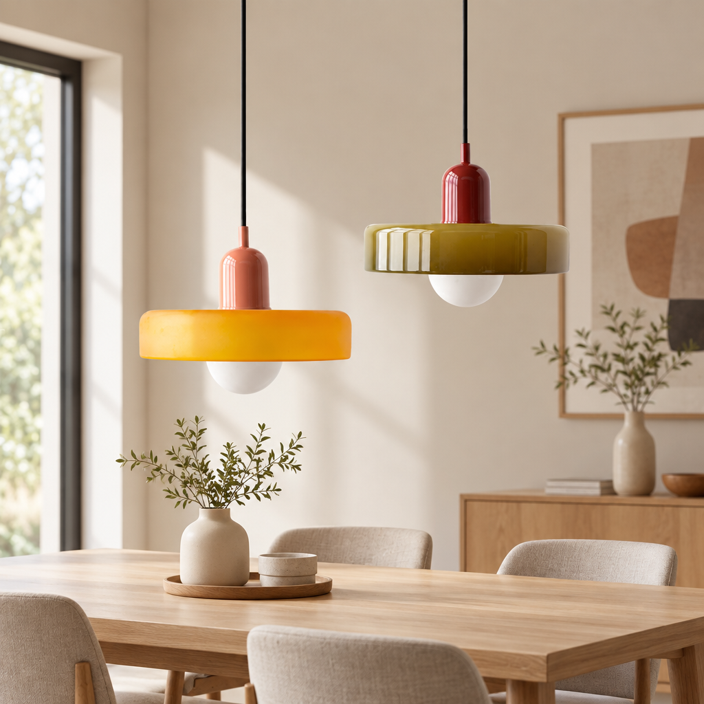 Orange and olive glass pendants with coral and red caps above a wooden dining table 58