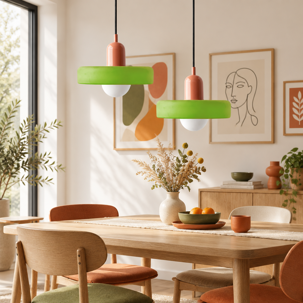 Two pendant lamps with green glass shades and coral caps hang above a wooden dining table 1