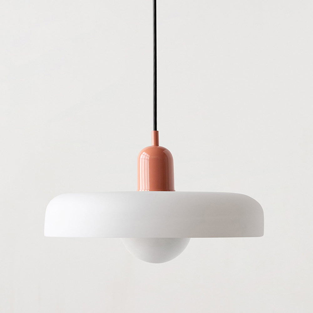 Larger white glass shade with a terracotta-pink cap and black cord, shown close up 40