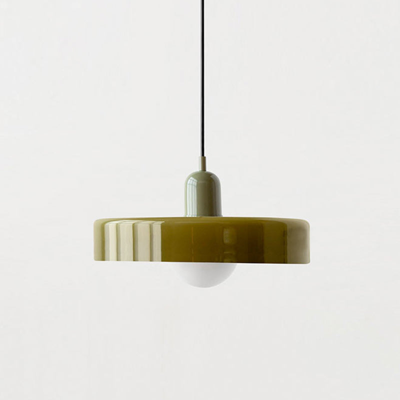Wide olive glass pendant with a small sage green cap and white globe bulb 12