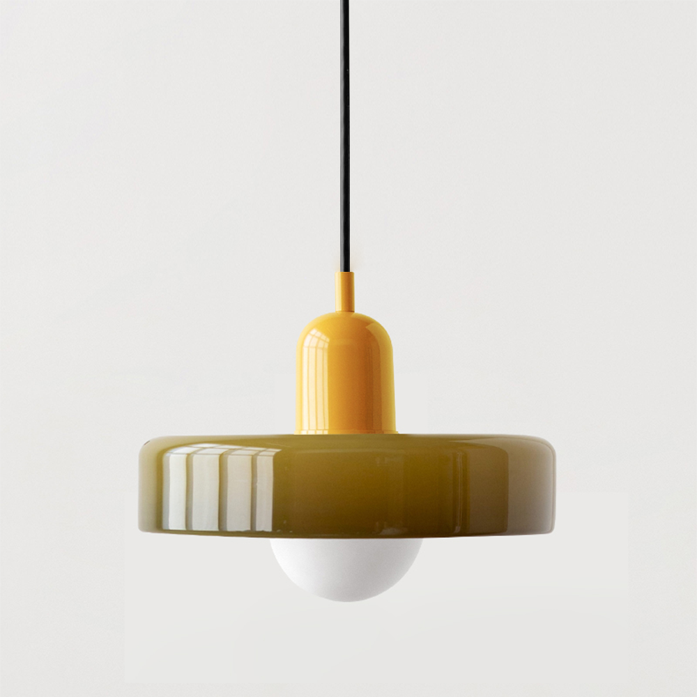 Olive glass pendant lamp with a bright yellow cap and white globe bulb on a plain background 19