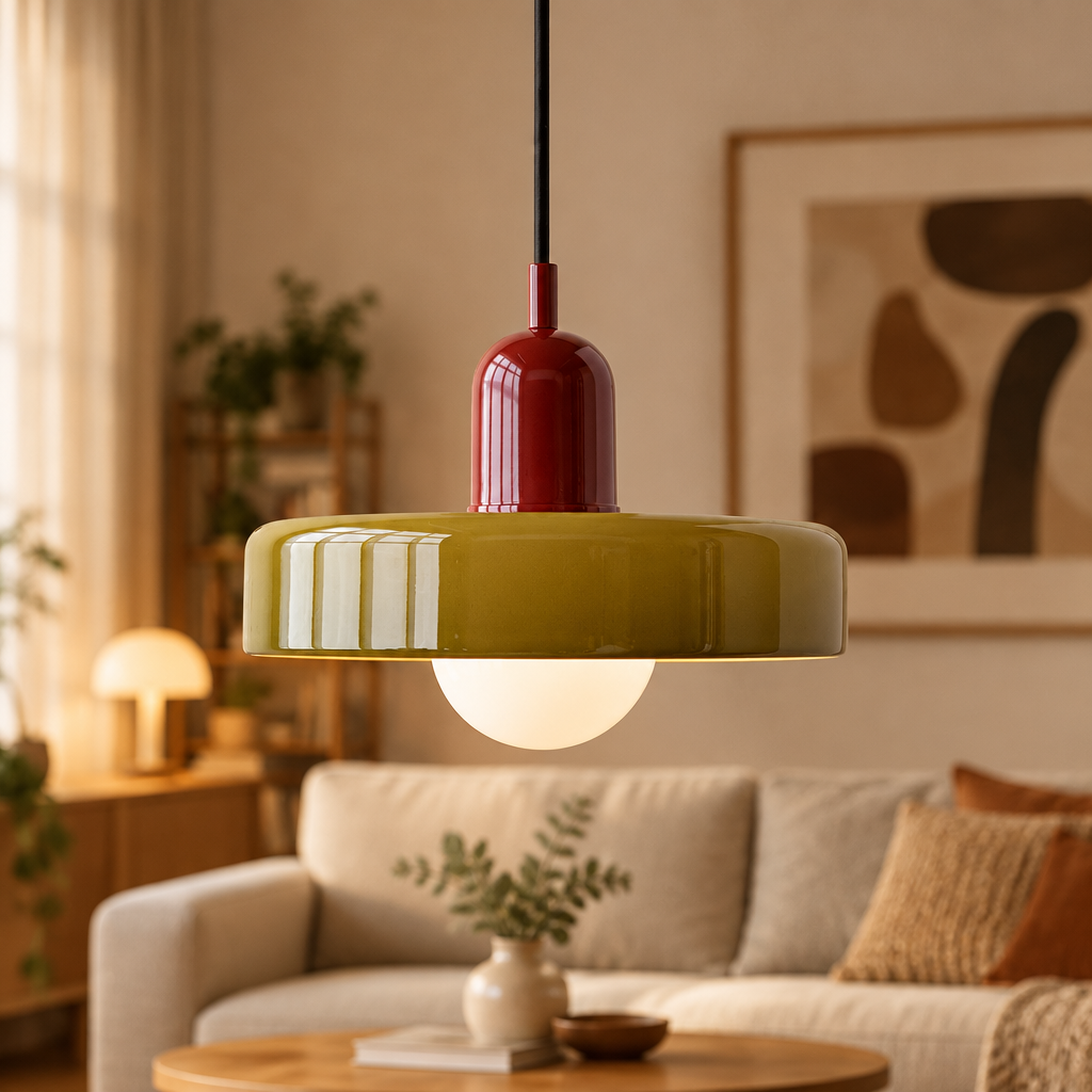 Glossy olive glass pendant with red cap lit above a coffee table in a cosy living room 59