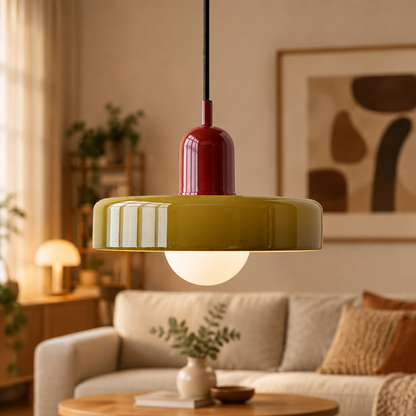Glossy olive glass pendant with red cap lit above a coffee table in a cosy living room 59