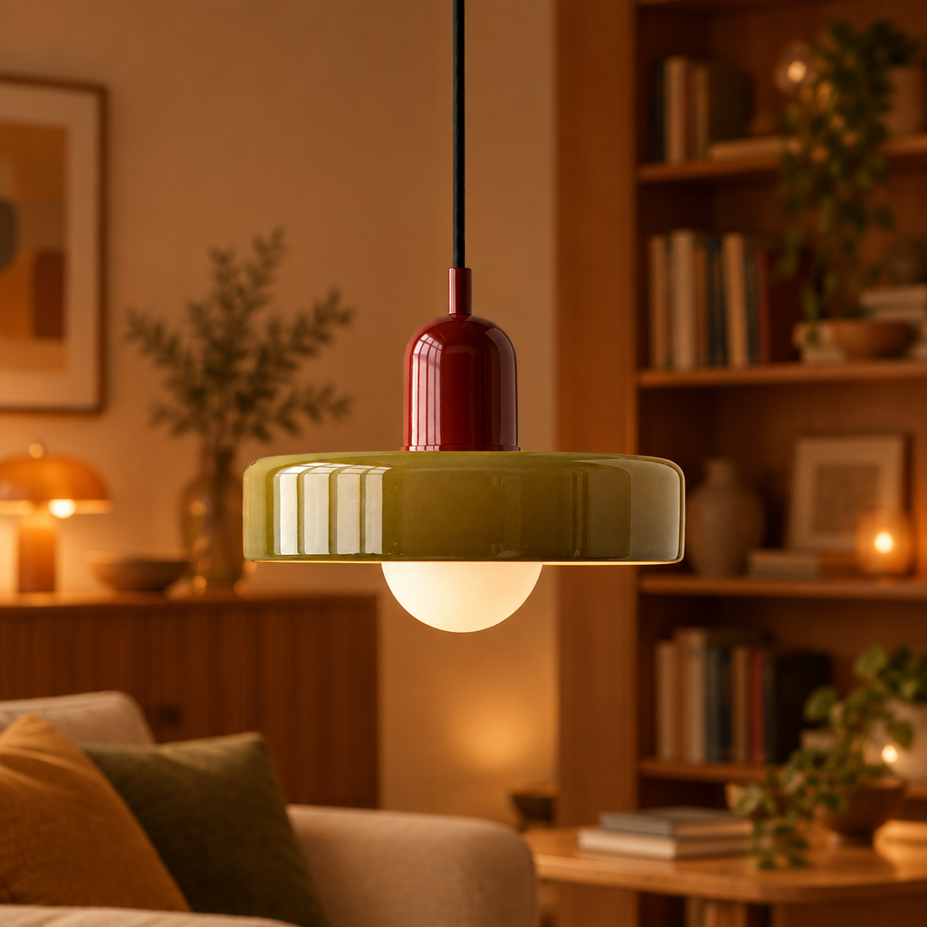 Glossy olive glass pendant with red cap glowing warmly in front of a bookshelf 60
