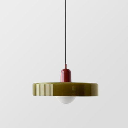 Olive glass pendant with a red cap and white globe bulb, shown against light grey 3