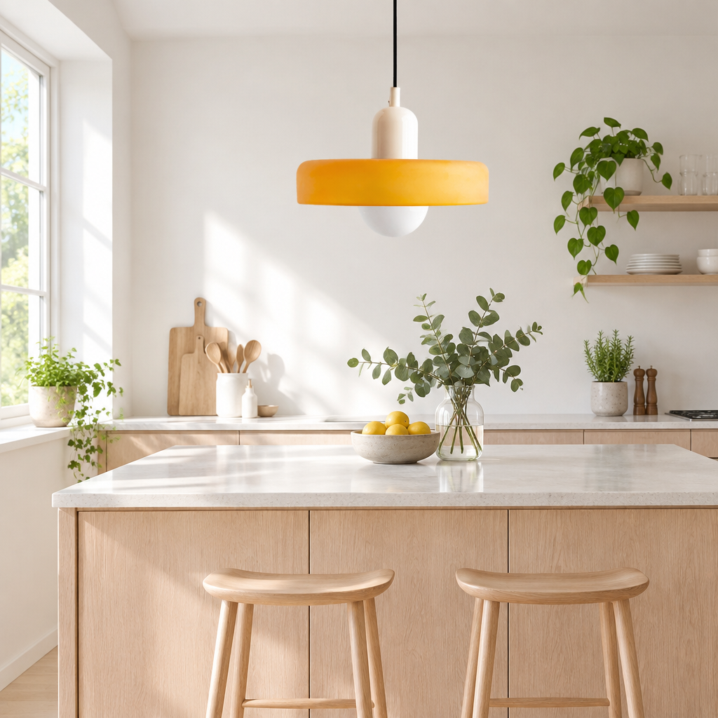 Amber yellow glass pendant with cream top hangs above a light wood kitchen island with stools 1