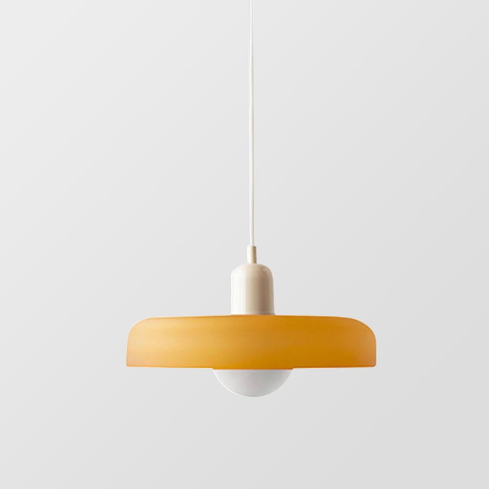 Amber glass disc pendant with cream cap and white cord, on a plain grey background 32