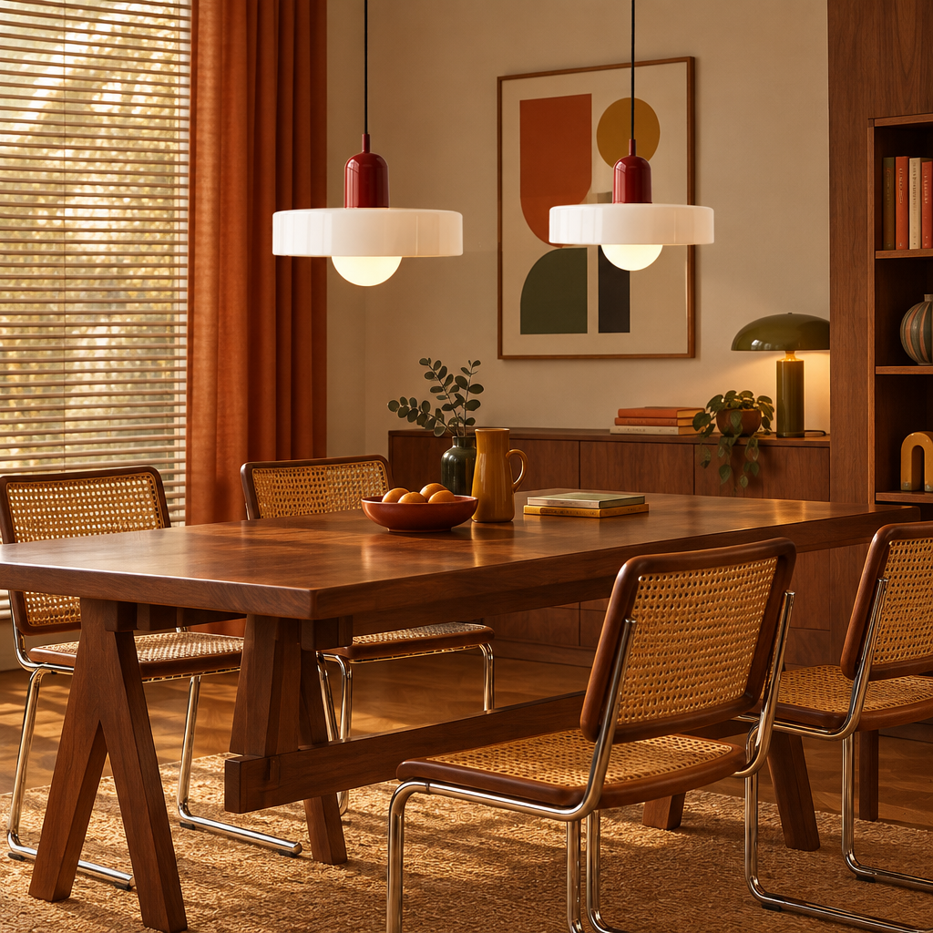 Two white-shaded pendant lights with red caps above a wooden dining table with cane chairs 1