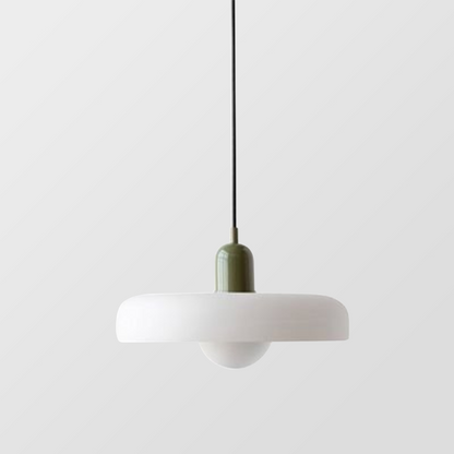 Pendant lamp with a white shade and green cap, shown on a plain grey background 43