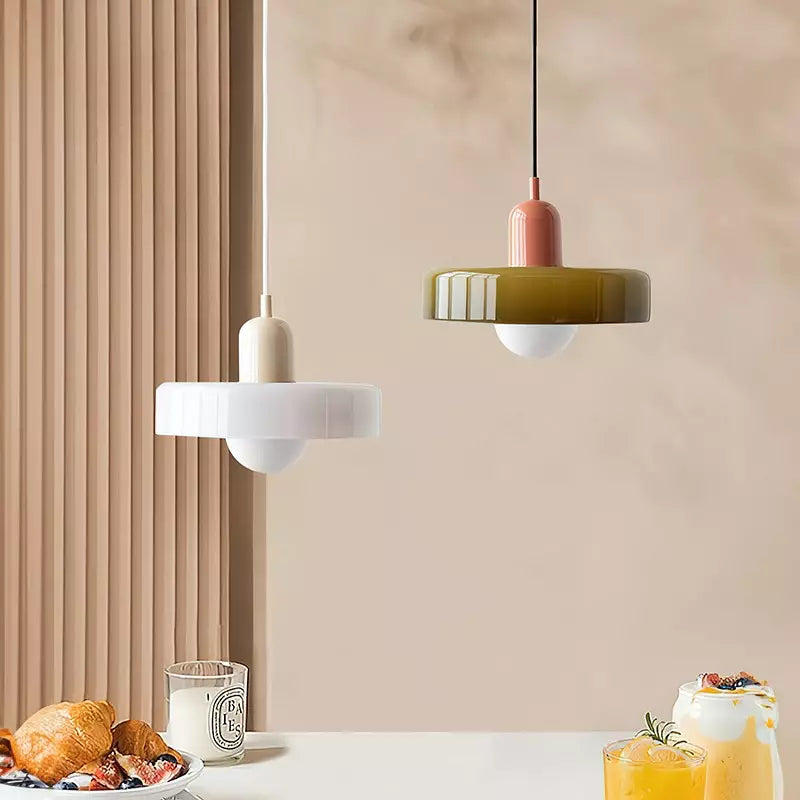 Two pendants over a table with pastries and drinks: white with cream cap, olive with coral cap 44