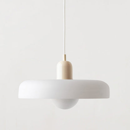 White disc shade pendant with beige cap and white cord, viewed slightly from below 48