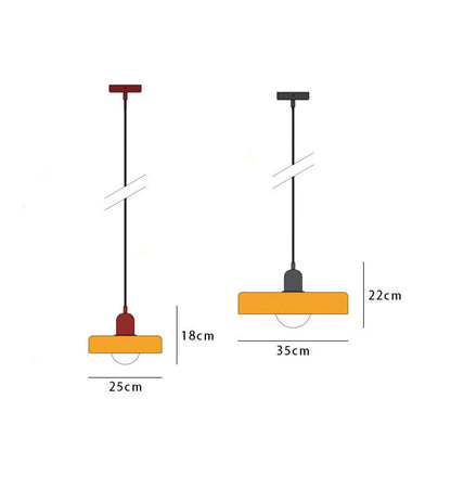 Dimensions diagram showing two sizes of pendant light, 25cm wide by 18cm high and 35cm wide by 22cm high 58