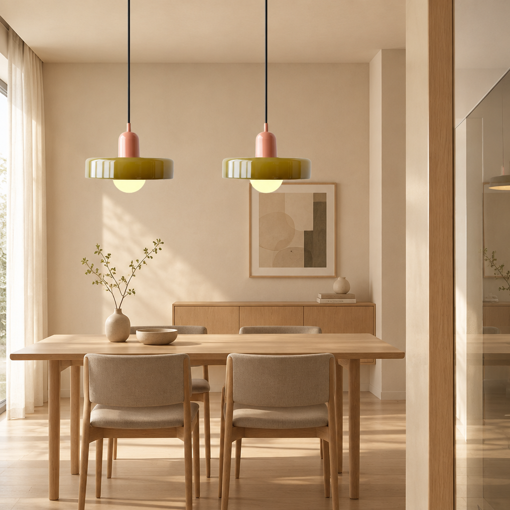 Two olive glass pendants with salmon pink caps hung over a wooden dining table 1