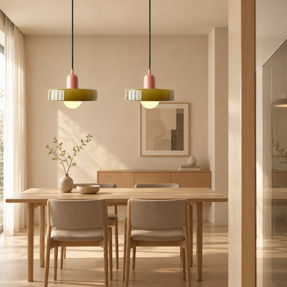 Two olive glass pendants with salmon pink caps hung over a wooden dining table 1