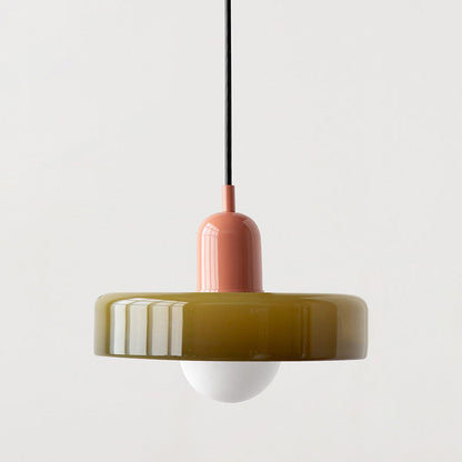 Olive glass pendant lamp with a coral cap and white globe bulb on a plain background 9