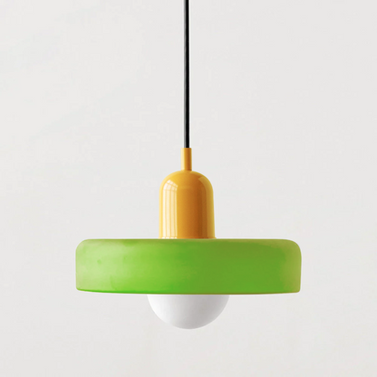Pendant lamp with a lime-green shade and glossy yellow cap on a black cord 57